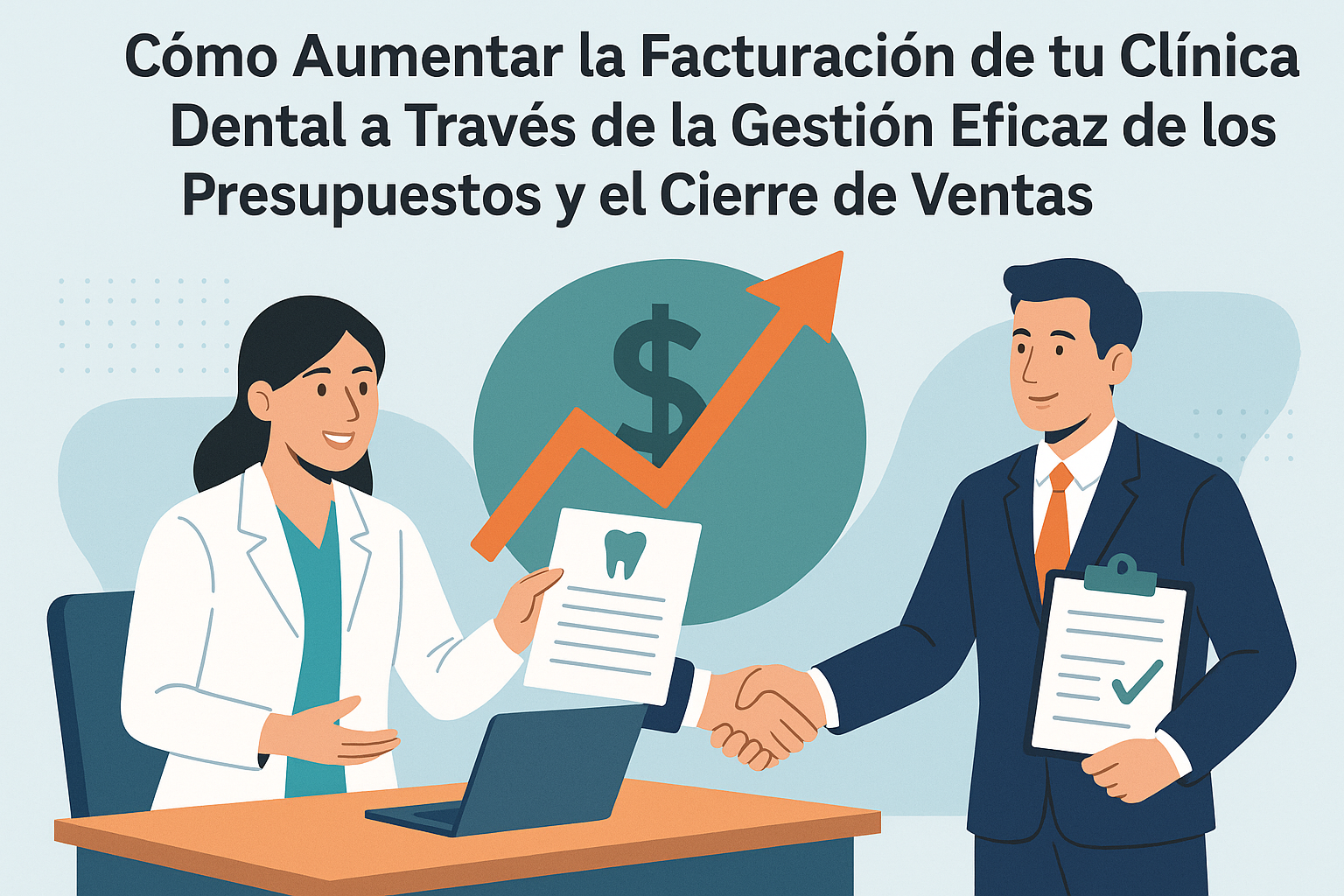 Ilustración de una odontóloga presentando un presupuesto a un paciente, con un símbolo de crecimiento y cierre de ventas en una clínica dental.