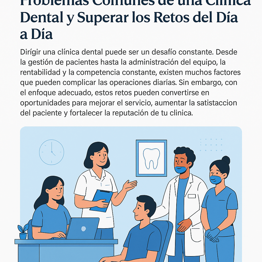 Imagen que ilustra cómo enfrentar los problemas comunes de una clínica dental, destacando la importancia de una gestión eficiente, el trabajo en equipo y un excelente servicio al cliente para mejorar la rentabilidad y la experiencia del paciente.