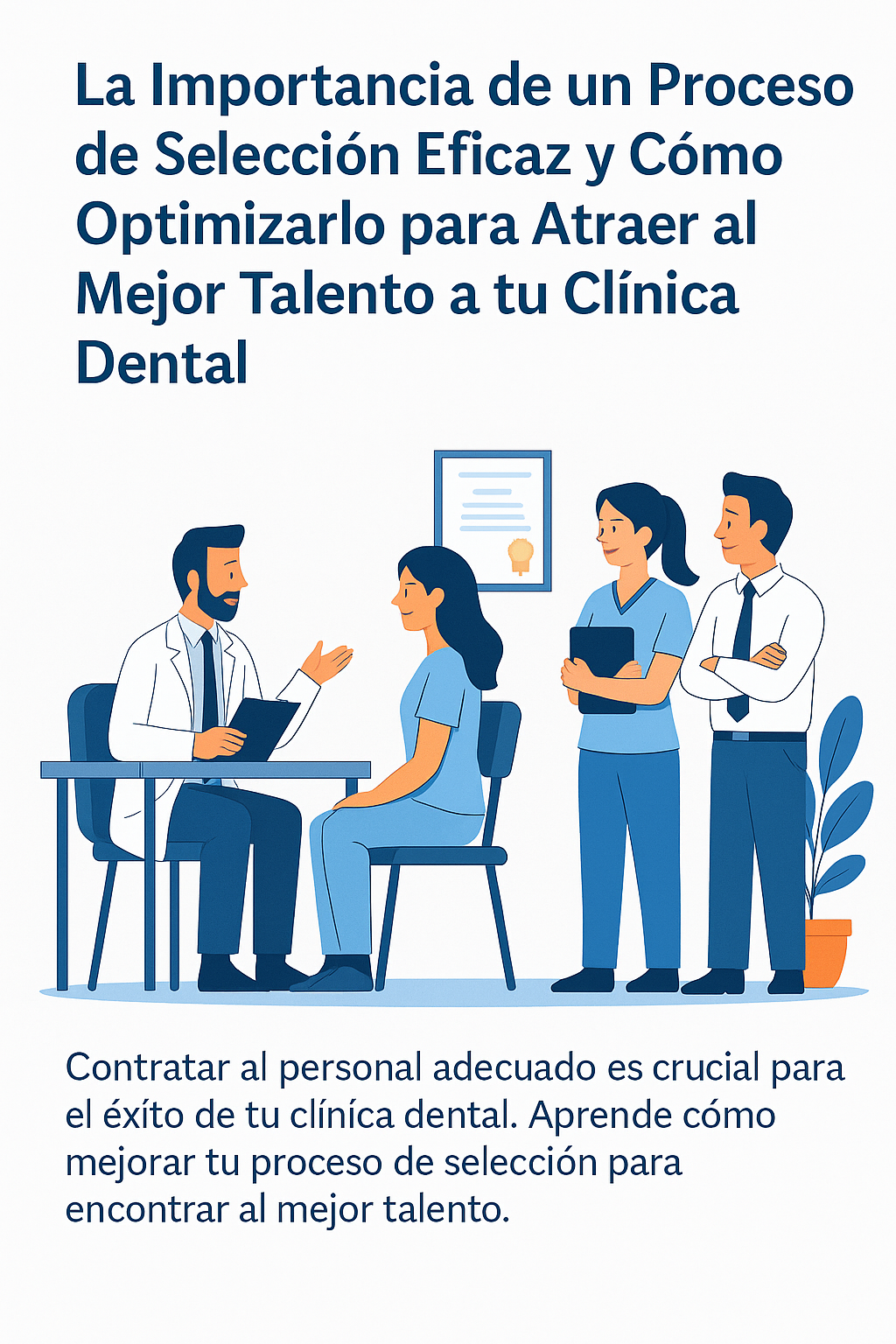 Imagen que ilustra el proceso de selección eficaz en clínicas dentales, destacando la importancia de optimizar el reclutamiento para atraer al mejor talento para posiciones clave como odontólogos, directores y coordinadores