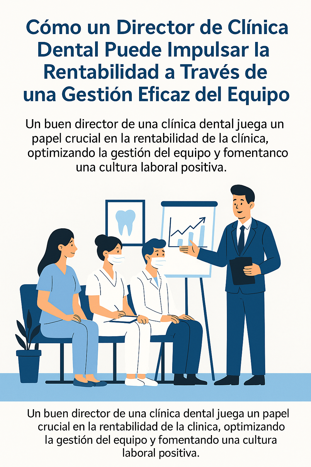 Imagen que representa cómo un director de clínica dental puede mejorar la rentabilidad mediante una gestión eficaz del equipo, destacando la importancia de la colaboración, motivación y optimización de costos operativos